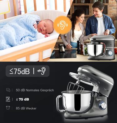 Кухонна машина 2000W з нержавіючої сталі, чаша 6.2 л, міксер з набором насадок (крюк, гак, вінчик, сплеск), колір антрацит