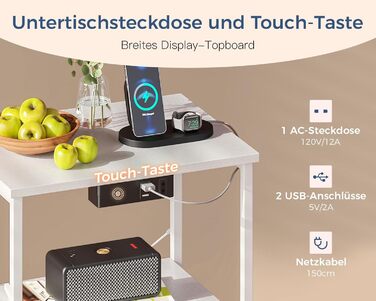 Приліжкова тумбочка Coleshome біла з USB, розеткою та LED-підсвіткою, 2 висувні ящики та полиця, для невеликих спалень, 40x30x60 см, в упаковці 1 шт.