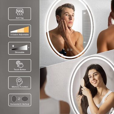 Дзеркало для ванної кімнати Dripex з підсвічуванням LED, сенсорне керування, регулювання яскравості, 3 кольори світла, антизапарник, овальне, 50 x 70 см