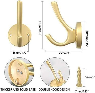 Гачки для гардеробу ZUONAI, Сучасні гачки для одягу, важкі гачки для гардеробу, гачки для куртки, настінні гачки для рушників, подвійний гачок для кухні, ванної кімнати, гардеробу (2 шт., золото)