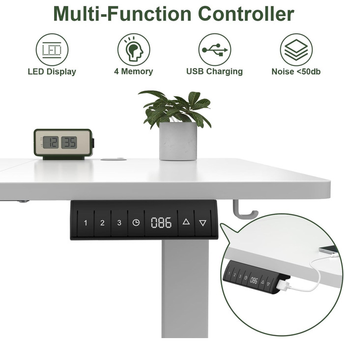 Електричний регульований стіл JUMMICO 160x80 см з підзарядною станцією, білий. Ергономічний стіл для роботи з кабельною організацією