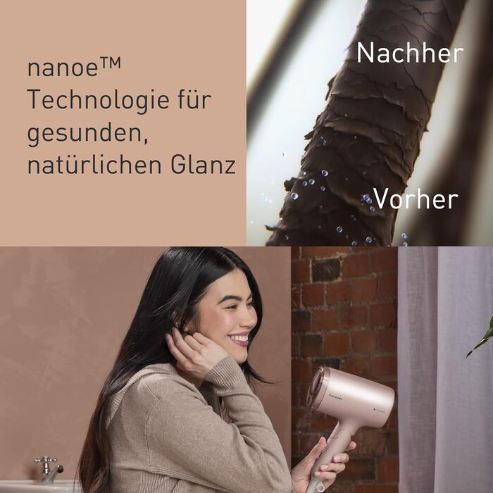 Фен Panasonic EH-NA7M-P825 nanoe™ для блискучого волосся, складний, швидке сушіння, насадка для укладки, 1600 Вт, рожевий