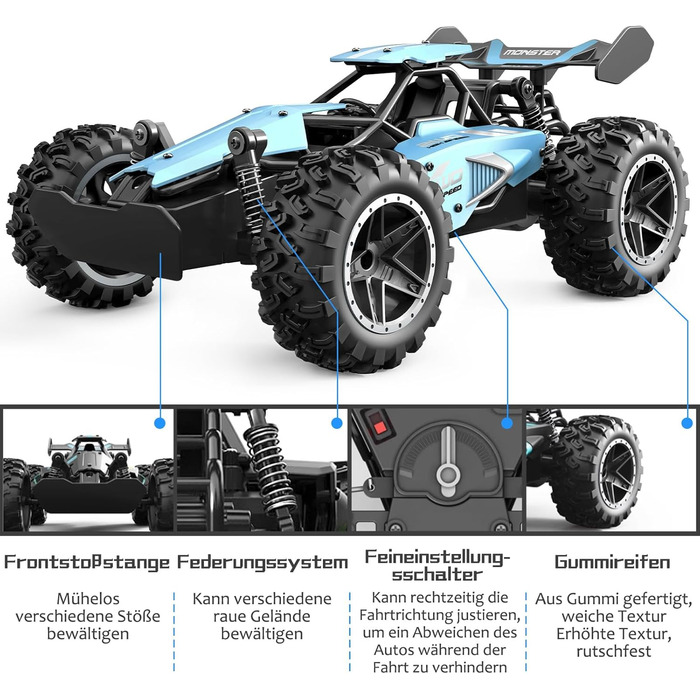 RC Автомобіль Monster Truck 1:18 2.4GHz, позашляховик, швидкість 20+ км/год, водонепроникний, синій