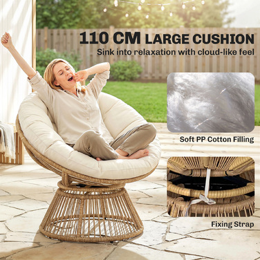 Крісло-папасан 360° обертове, плетене з ротангу з подушкою, сталевий каркас, кругле, кремово-біле лаунж-крісло