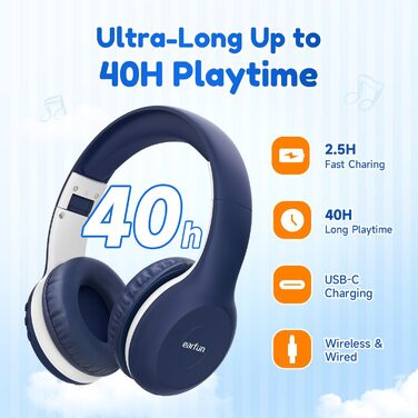 Дитячі навушники EarFun Bluetooth, 85/94 дБ, звук HiFi, HD-мікрофон, 40 годин автономної роботи, складні, темно-синій