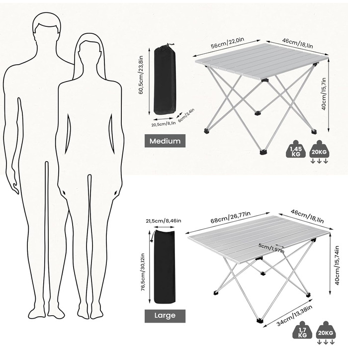 Кемпінговий стіл WOLTU Alu Складаний розкладний стіл Ультралегкий портативний з сумкою для перенесення, розкладний стіл Невеликий туристичний стіл Журнальний столик для кемпінгу Сад Балкон Риболовля, 68 * 46 * 40 см Срібло 68x46x40 см Срібло