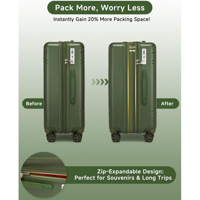 Набір валіз Sea Choice: 3 валізи з жорстким корпусом, розширювані, на 4 колесах, легкі, з TSA замком (зелений, ручна поклажа 20 дюймів)