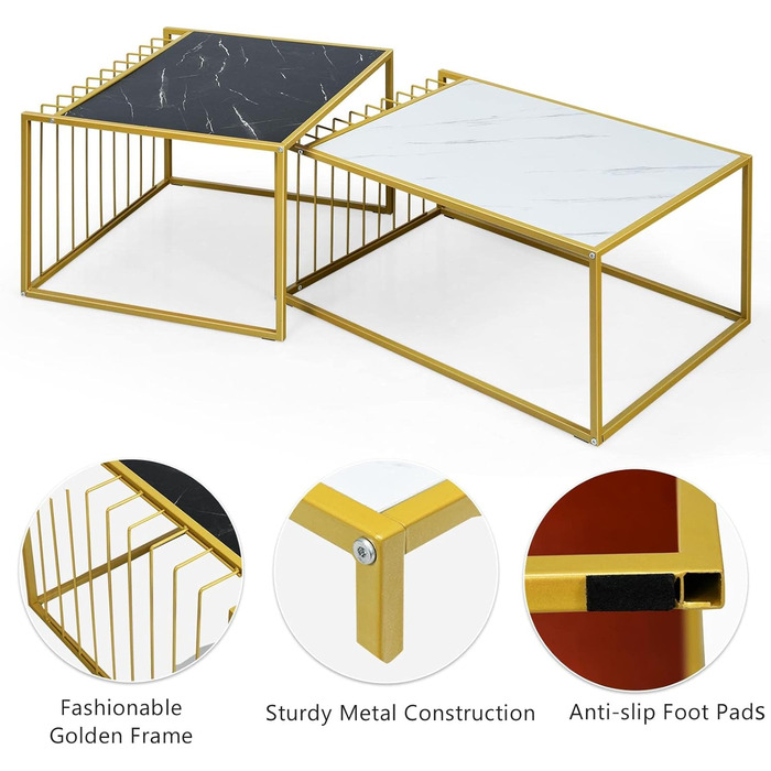 Набір гніздових столів LIFEZEAL з 2 шт. , журнальний столик з ефектом мармуру, журнальний столик із золотистою сталевою рамою, журнальний столик для вітальні та офісу