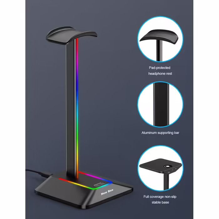Підставка для навушників New Bee з RGB підсвіткою, USB Type-C зарядкою та передачею даних, універсальний тримач для геймерських навушників, чорний