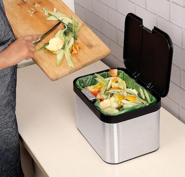 Контейнер для компосту Belle Vous Кухонний контейнер для органічних відходів у чорному/сріблястому кольорі - 4,3 л Контейнер для органічних відходів для кухні та кухонної стільниці - 25 x 17 см - Контейнер для компосту/органічних відходів із пластику та н