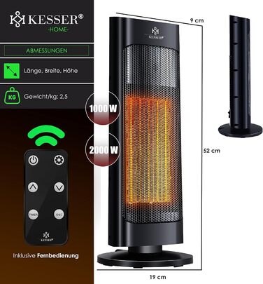 Обігрівач KESSER® 2000W з пульт дистанційного керування, керамічний, тихий, з осциляцією, таймером, 15-30°C, чорний