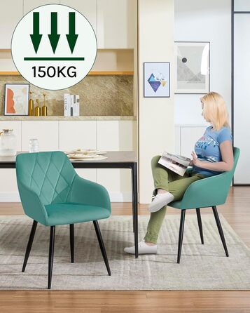 Набір обідніх стільців Woltu з підлокітниками та спинкою, для вітальні, кухні, їдальні. М'які стільці з оксамитовим покриттям, металеві ніжки, (Турквіс, 8 шт.)