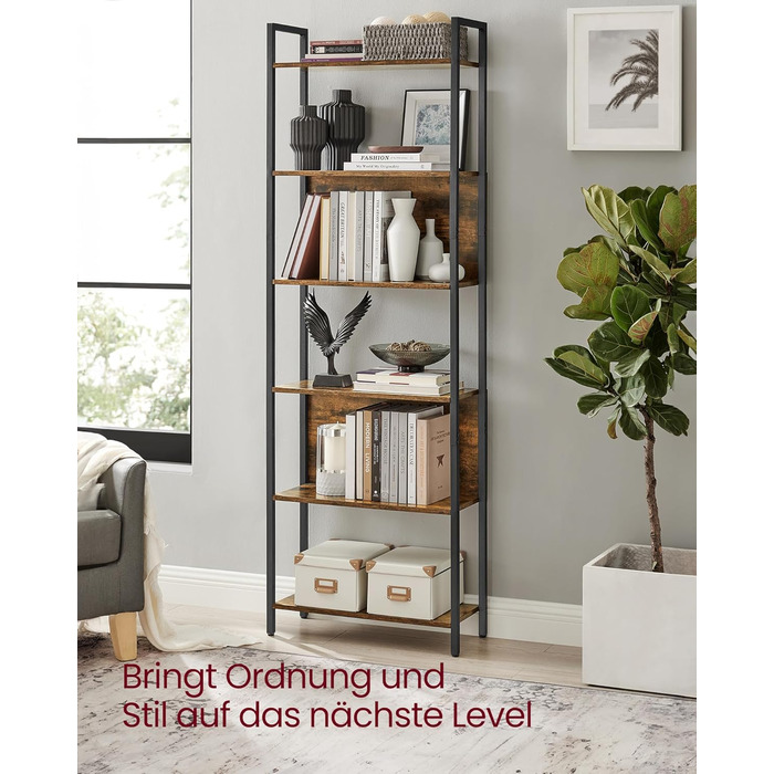 Стелаж VASAGLE з 5 відкритими полицями, для кухні, офісу, вітальні, промисловий дизайн, 24 x 128 x 154,1 см, колір vintagebraun-tintenschwarz