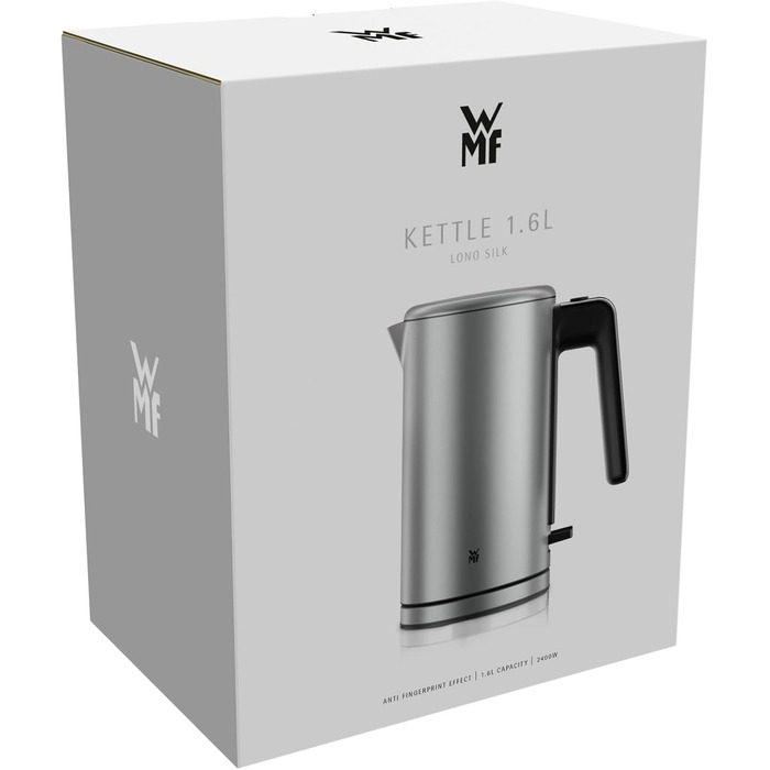 Електричний чайник WMF Lono Silk 1.6 л з нержавіючої сталі, з фільтром від накипу, бездротовий, з поворотним підставою, антижирове покриття, відкривання однією рукою, зовнішній індикатор рівня води