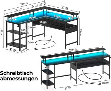 Роланстар Стіл ігровий L-подібний з LED та розеткою, 137 x 108 см, комп'ютерний стіл з підставкою для монітора та місцем для зберігання, реверсивний кутовий стіл для офісу, домашнього офісу (Білий) (Чорний)