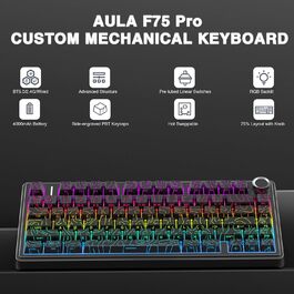 Механічна клавіатура AULA F75 PRO для геймінгу: 2.4GHz/Type-C/BT5.0, Hot-Swap, бездротова, 75%, QWERTY (сірий/чорний)