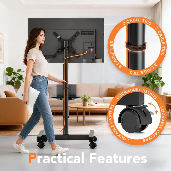 Підставка для телевізора Hemudu з колесами 23-60 дюймів, VESA 400x400 мм, до 35 кг, регульована висота