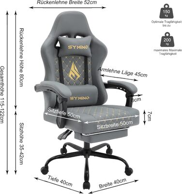 Ергономічне ігрове крісло Symino з поперековою підтримкою, регульовані підлокітники, підставка для ніг, 200 кг, сірий