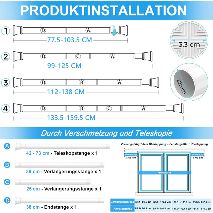 Штанга для карниза без свердління 76-165 см (2 шт., білий) - для ванної, вікна, кухні, шафи