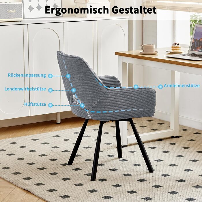 Набір з 4-х обертових стільців для їдальні з підлокітниками, 360° обертання, кухонний стілець, сучасний м'який стілець з тканинною спинкою для кухні, їдальні, спальні, бежевий (360° обертання-сірий, 2 обертові стільці)