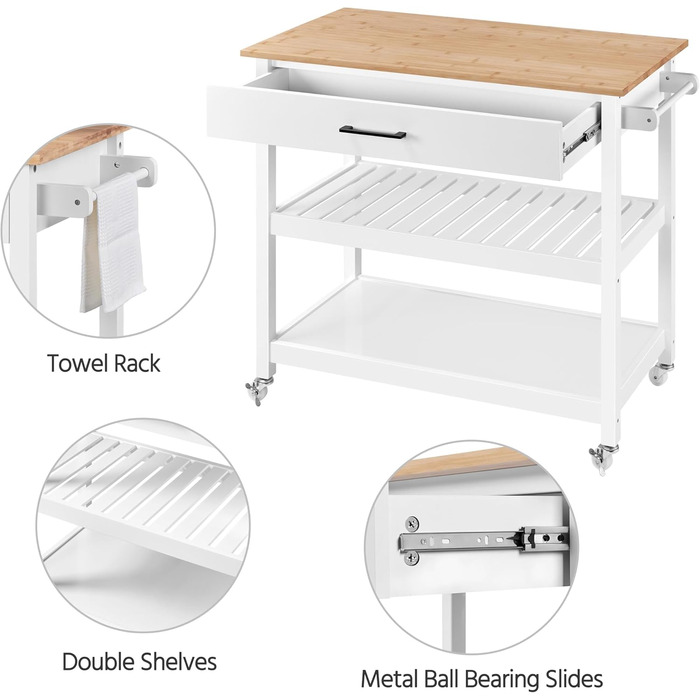 Сервісний візок Yaheetech з шухлядою, кухонний візок з 2 полицями, мобільний візок, кухонна вітрина, мобільний острівець, білий, 51 x 101,5 x 92 см