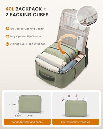 LOVEVOOK Рюкзак для ручної поклажі 40L з окремим відділенням для взуття, жіночий, для подорожей (3 шт.) Бежевий, Зелений
