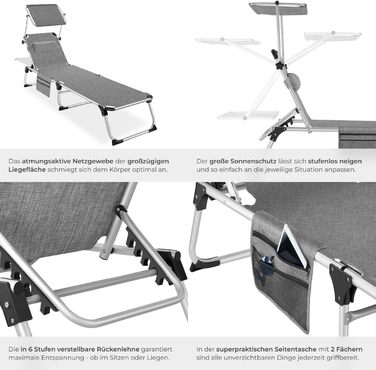 Шезлонг Tectake® з дахом, балконний шезлонг з алюмінію, складаний садовий шезлонг, стійкий до погодних умов, лежак для саду, кемпінгу та пляжу, регульована спинка, подушка для голови, бічна кишеня - сірий меланж