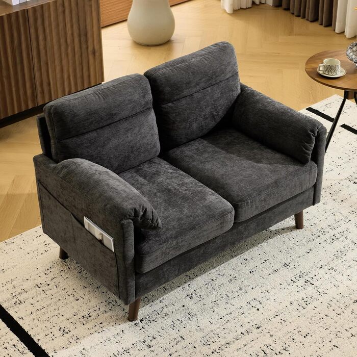 Диван Bonnlo 2-місний, компактний, 125 см, тканинний, сірий. Для офісу, вітальні, спальні, кабінету. Легка збірка, льон.
