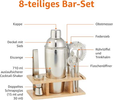 Набір барних столових приборів Domopolis Basics, нержавіюча сталь, з бамбуковою підставкою, 10 предметів (8 предметів)
