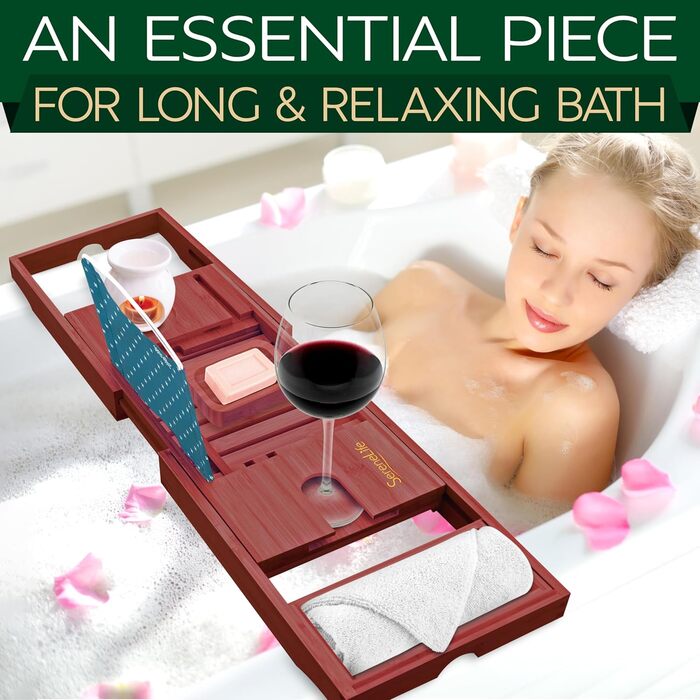 Підставка для ванни SereneLife з дерева – Розширювана підставка для ванни 70-105 см з тримачем для напоїв та книжковою підставкою (Колір: Коричневий)