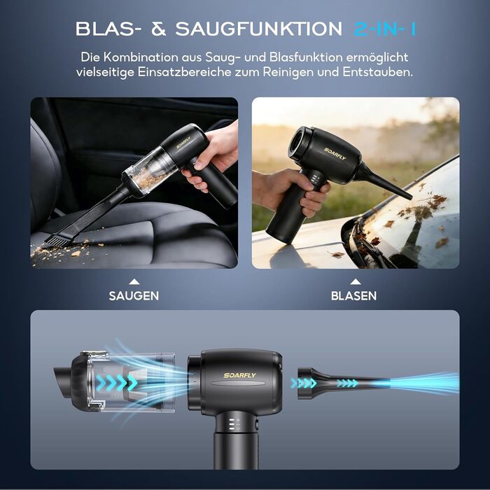 Акумуляторний ручний пилосос SoarFly 4 в 1, 25000Па, бездротовий міні-пилосос для авто, дому та ПК з безщітковим двигуном, LED-підсвіткою та набором щіток, чорний