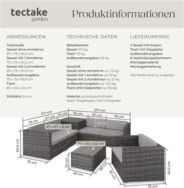 Набір садово-патіо меблів Tectake з коробкою для зберігання подушок, стіл зі скляною стільницею, сірий (403829)