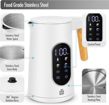 Електричний чайник ForMe з нержавіючої сталі, 1.7 л, регулювання температури 40-100°C, LED дисплей, функція підтримання тепла, BPA Free, білий
