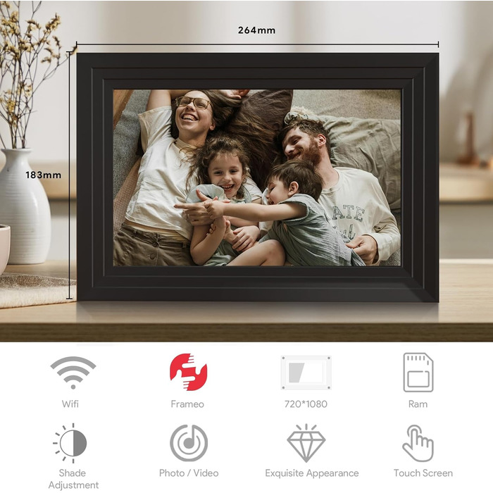 Цифровий фоторамка Aorpdd 10.1 дюйма з Wi-Fi, HD IPS-сенсорний екран, 32 ГБ пам'яті, автоматичне обертання, Frameo App для обміну фото та відео, чорний