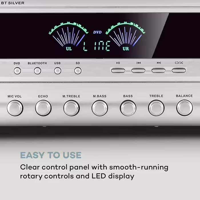 Auna AMP 3800 BT 5.0 - HiFi підсилювач 2x120 Вт + 3x50 Вт, Bluetooth, USB, SD, 2 мікрофонних входи, DVD-стерео, лінійний вихід, сріблястий