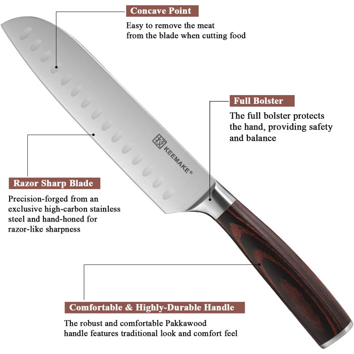 Набір кухонних ножів Keemake 7 предметів з дерев'яним блоком, професійний набір ножів з нержавіючої сталі та пластикової ручки