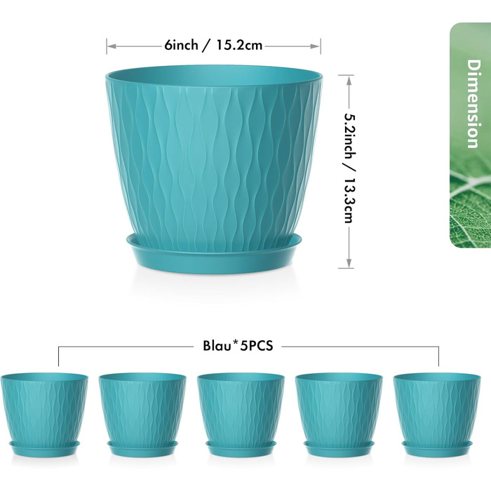 Набір горщиків для квітів з системою поливу (5 шт.), 17.8 см, з підставкою, для дому та балкону (темно-зелений)