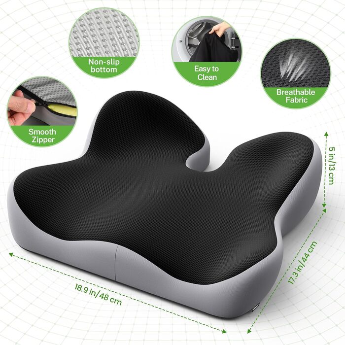 Ортопедична подушка для сидіння Benazcap з Memory Foam для офісного крісла, автомобіля, інвалідного візка. Зменшує біль у куприку. Чорний/Сірий колір