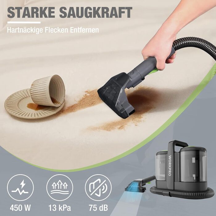 WORKPRO Мийний пилосос 450W 13kPa, 1.6L з миючим засобом та 2 насадками, для килимів, диванів, авто