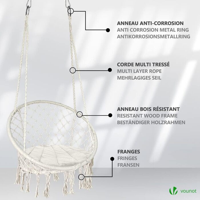 Підвісне крісло-гойдалка VOUNOT з полицею для книг та подушкою, для дому та саду, діаметр сидіння 80 см, X-Large, Бежевий