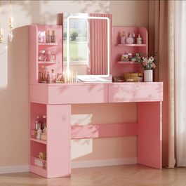 Трюмо Airfish з підсвічуванням 108x40 см: туалетний столик з дзеркалом, полицями, 2 шухлядами, регульоване освітлення, для спальні/вітальні (білий/рожевий)