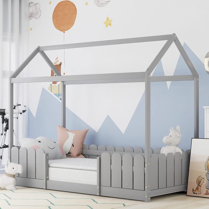 Дитяче ліжко Merax 90x200 см, красиве домашнє ліжко із захистом від падіння та рейковим каркасом, універсальне дерев'яне ігрове ліжко з огорожею, ліжко на дереві для хлопчиків і дівчаток, біле (сіре)