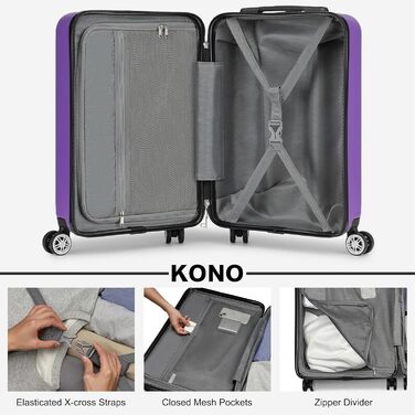 KONO Чемодан-валіза ручної поклажі, 55x35x22 см, 3 шт. (фіолетовий) з TSA-замком та подвійними коліщатками для подорожей та бізнесу