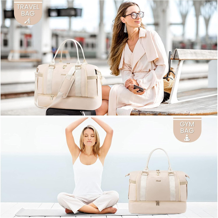 Спортивна сумка Lovevook для подорожей: жіноча дорожня сумка-шопер, сумка для вихідних з косметичкою, відділенням для взуття та мокрих речей, водонепроникна, 37л, бежева