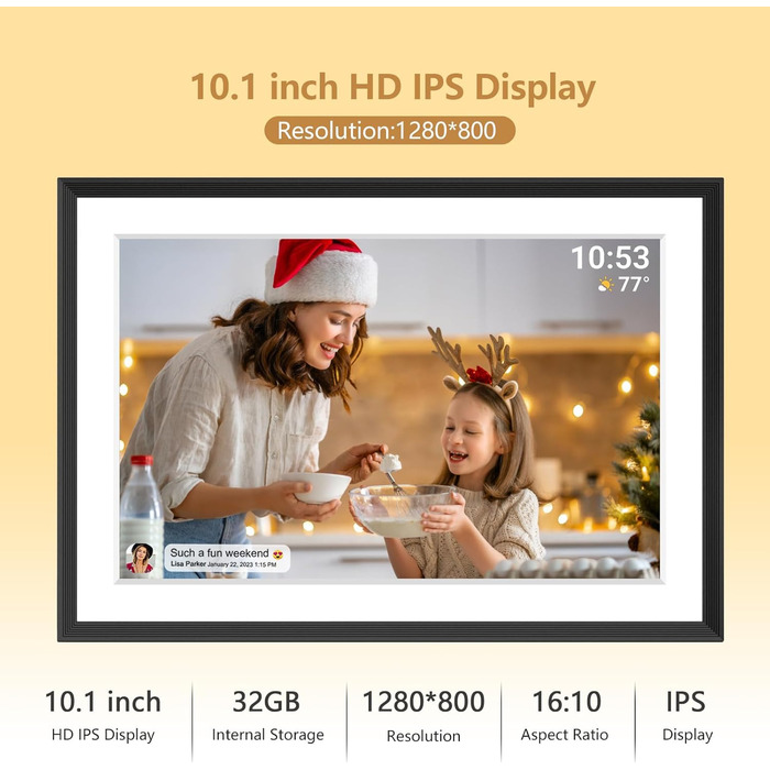 Цифровий фоторамка FRAMEO з Wi-Fi, 32GB, 10.1 дюйма, сенсорний екран, автоповорот, датчик руху, Frameo App для обміну фото з будь-якого місця