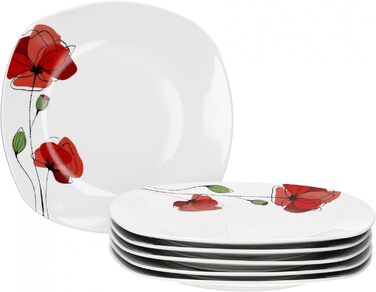 Набір Van Well з 6 обідніх тарілок Моніка 255 x 255 мм Тарілка меню велика обідня тарілка Сервірувальна тарілка Квітка червоного маку Вишуканий порцеляновий посуд Гастрономія