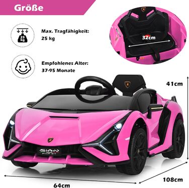 Дитячий електромобіль Lamborghini 12V з пультом, ременем безпеки, підсвіткою, музикою та сигналом, рожевий, для дітей від 3 років