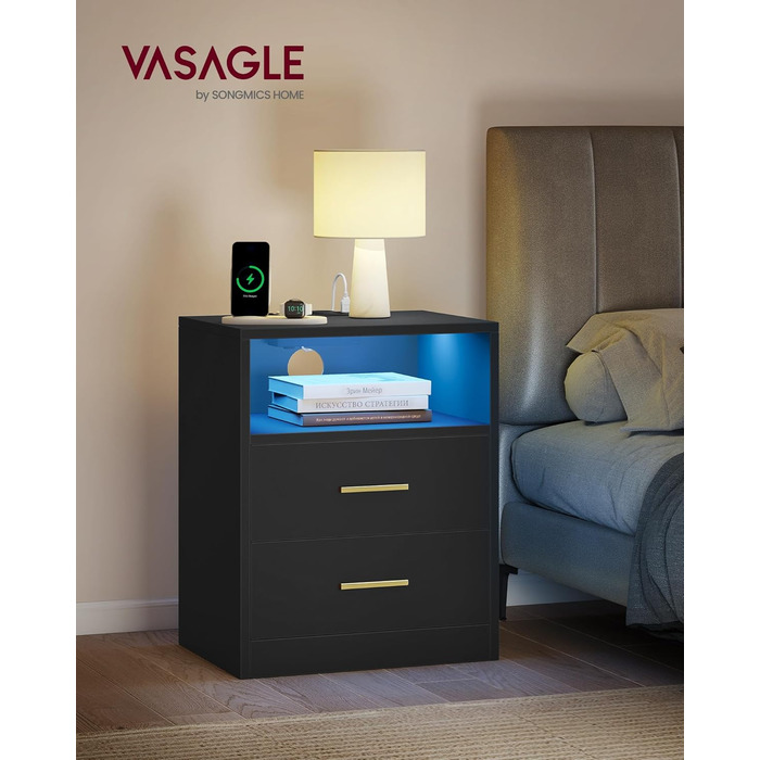 VASAGLE Custos: Набір з 2 тумбочок з LED-підсвічуванням та зарядкою, чорний, з шухлядами, 2 розетки AC та USB