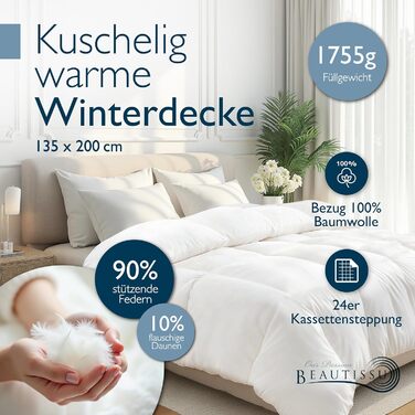 Пухова ковдра Beautissu з 100% пуху та пера – Made in Germany – сертифікація Oeko-Tex, Downpass & Nomite – бавовняна наволочка, 135x200 см, придатна для прання, зимова ковдра
