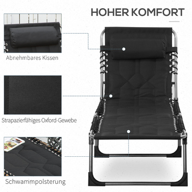 Складний розкладний шезлонг Outsunny Sun Lounger з подушкою 5-рівнева регульована спинка сталева оксфордська тканина чорний 188x57x30см для саду та патіо